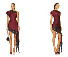 Lovers and Friends NATALIYA MINI DRESS Oxblood Satin black lace trim size S $249