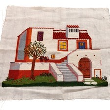 Vintage Handmade Cross Stitch Artwork Mediterranean Villa Finished Needlework