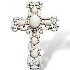 1960s Alice Caviness 3.5" White Rhinestone Glass Cabochon Cross Brooch Pendant