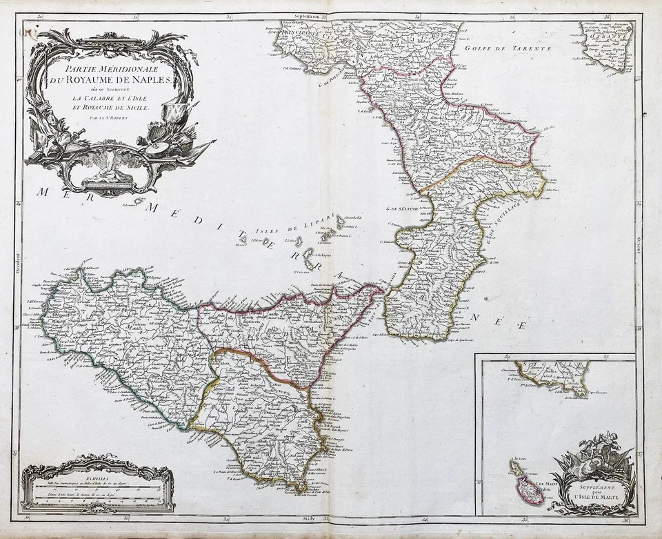 Sicilia Sizilien Sicily Malta island Napoli Italia Malta Vaugondy carta map 1750 - Bild 1 von 1