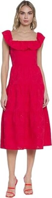 Donna Morgan Women's Ruffled Off The Shoulder Tiered Midi Dress, Red, 8