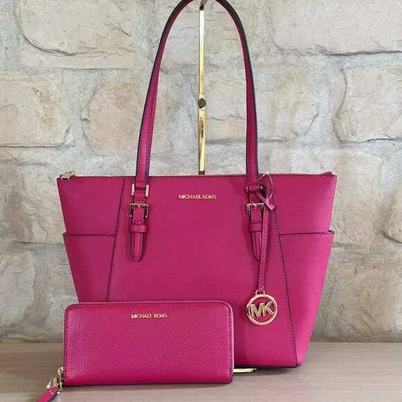 MICHAEL KORS CHARLOTTE TOTE SHOULDER BAG BRIGHT PINK LEATHER WALLET OPTION
