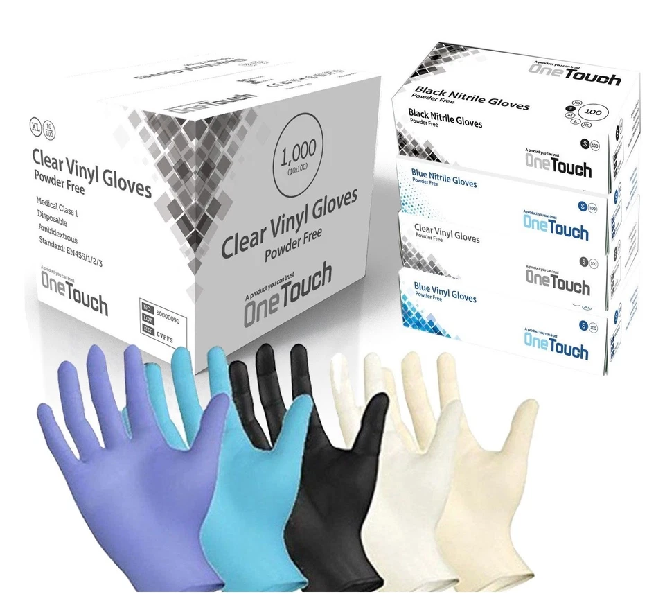 ONETOUCH Disposable Latex, Black Nitrile or Blue Vinyl Gloves Powder Free Medical x 100