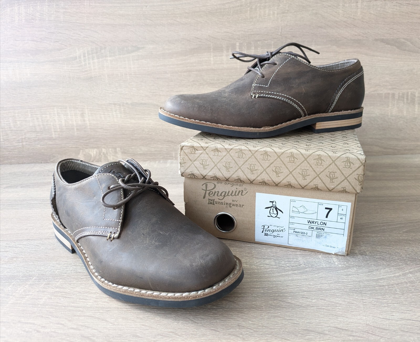 SAOLA Scarpe Oxford derby stringate originali PENGUIN da uomo taglia 7 Waylon in pelle marrone scuro