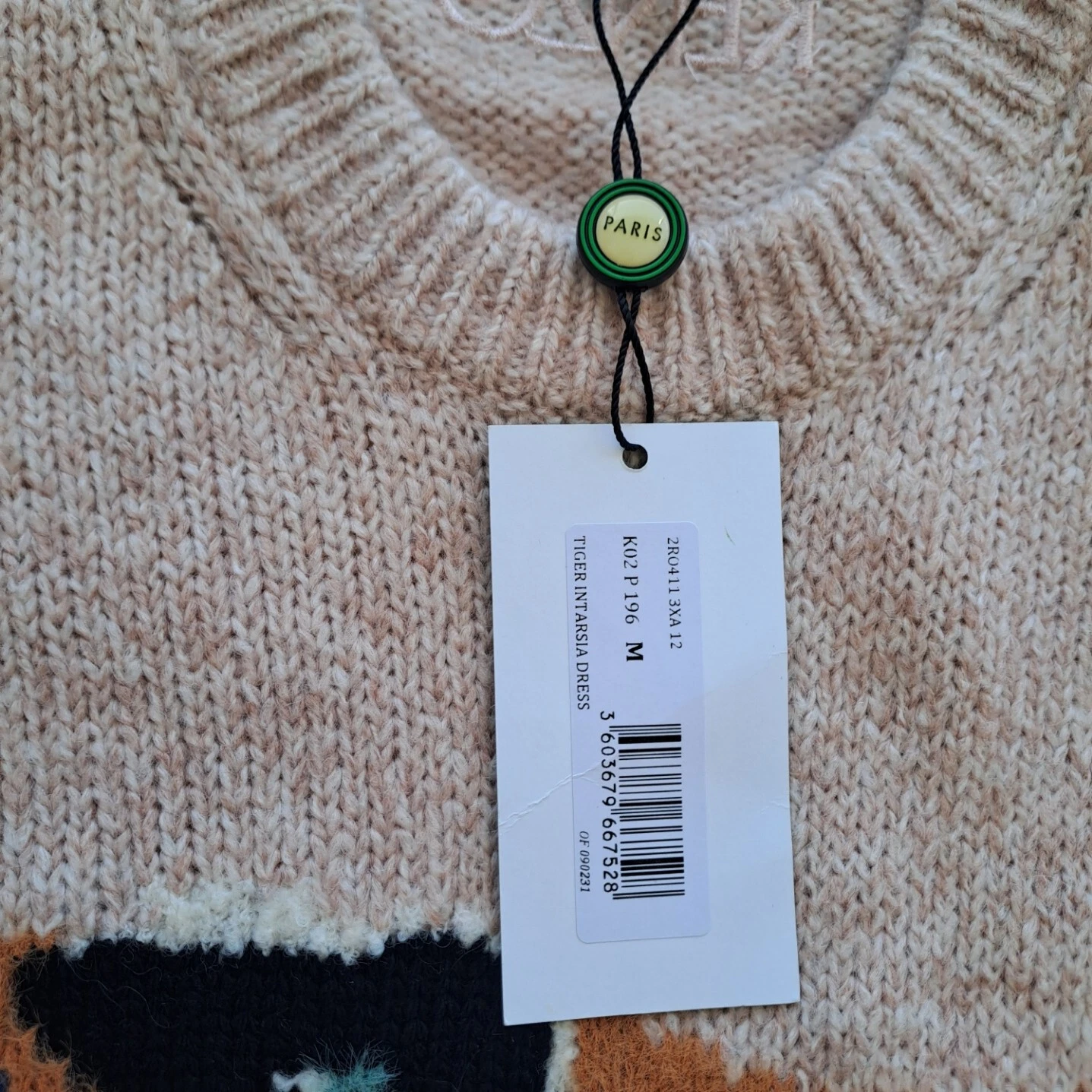 KENZO Vestito Maglione Tigre Intarsiato Maglia Misto Lana Mohair Beige Taglia M
