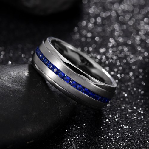 Banda de tungsteno con anillo de tungsteno estilo eterno azul o rojo circonio para hombre con grabado gratuito - Imagen 7 de 12