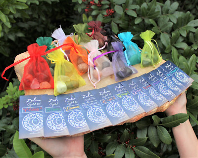 Zodiac Crystal Kit, 4 Stones+Pouch: Choose Rough or Tumble Set & Zodiac Sign
