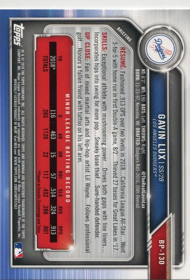 2019 BOWMAN PROSPECTS RC GAVIN LUX LOS ANGELES DODGERS ROOKIE - A1812 - Image 2 of 2