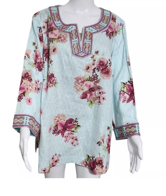 John Mark Embroidered Tunic Top Large Light Blue Floral Linen Beaded NWT  2X