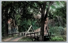 Nora Iowa~Elm Hollow Wagon Bridge~A Frame Rails~Dirt Road~c1908 Postcard