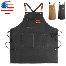 Unisex Canvas Cooking Aprons Kitchen Restaurant Chef Bib Apron Dress 3 Pockets