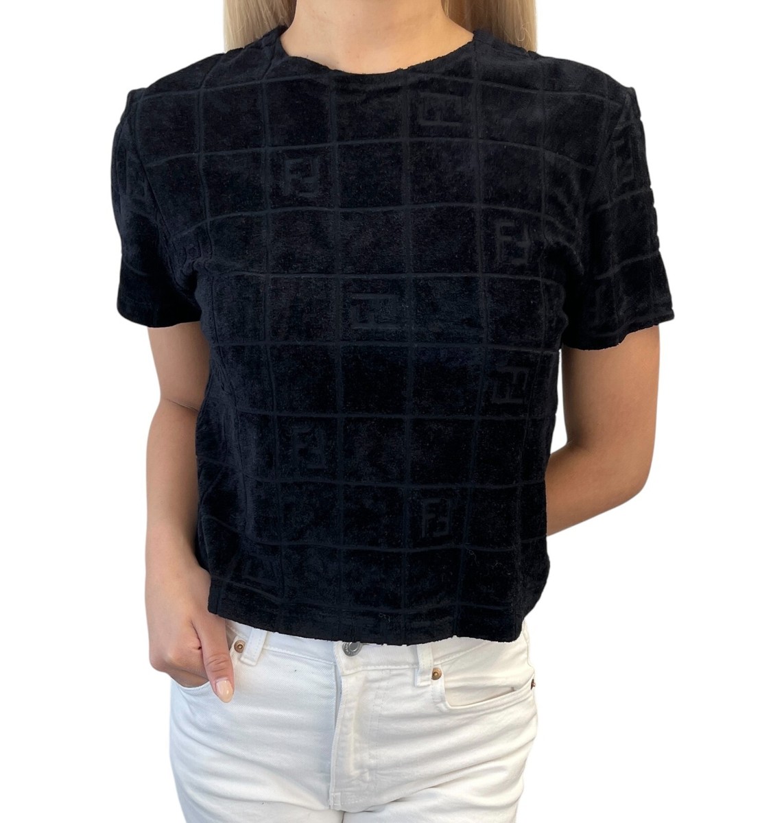 FENDI Vintage FF Logo Velour Short Sleeve Top #46 Black Rayon T