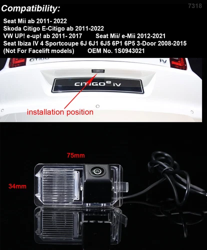 HD Rückfahrkamera+spiegel für VW UP E-UP Seat Mii E-Mii Skoda E-citigo 1S0943021 - Bild 2 von 7