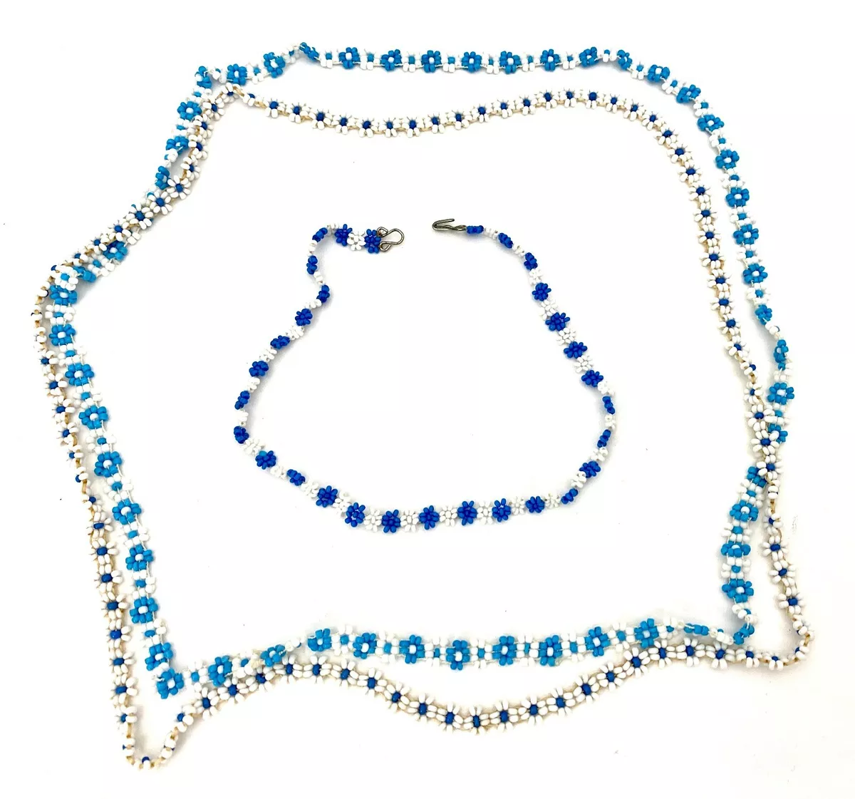 VTG Glass Seed Bead Flower Jewelry Blue White Handmade 1930s Necklaces  Bracelet