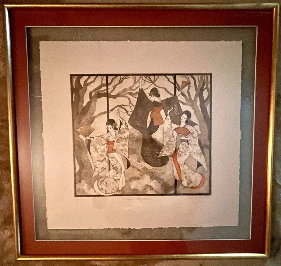 Impresionante rara litografía vintage 92/95 “Bailarines en el jardín” de Helen Kunic Foto 2 de 4