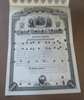1884 CANTON ABERDEEN & NASHVILLE RAILROAD COMPANY Bond Certificate w/ coupons