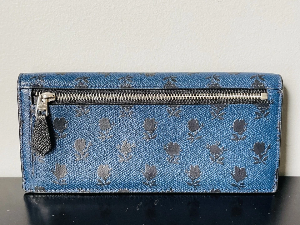 RARE COACH Badlands Floral Slim Envelope Wallet Dark Blue Leather Black Flowers - Image 3 of 4