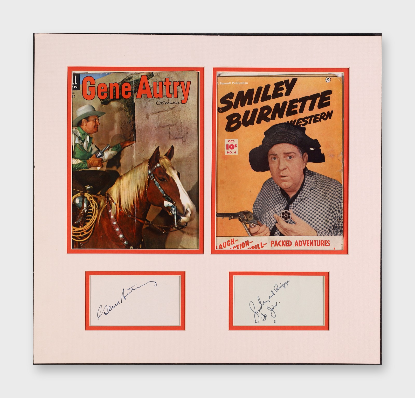 Gene Autry, Smiley Burnette Signed Display 19x18 JSA AX73943 AX73944