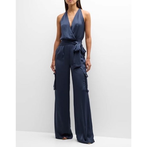 NWT Ramy Brook Savannah Satin Cargo One-Piece Jumpsuit Black Women's Size Small
