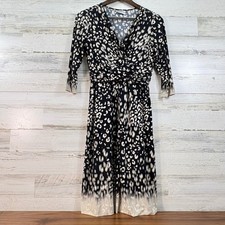 Chico's Animal Print Faux Wrap Midi Dress Black Cream V-Neck 3/4 Sleeve Size 1 M