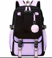 Black Purple Colorblock Unisex Kids Backpack Polyester Zip Adjustable Strap