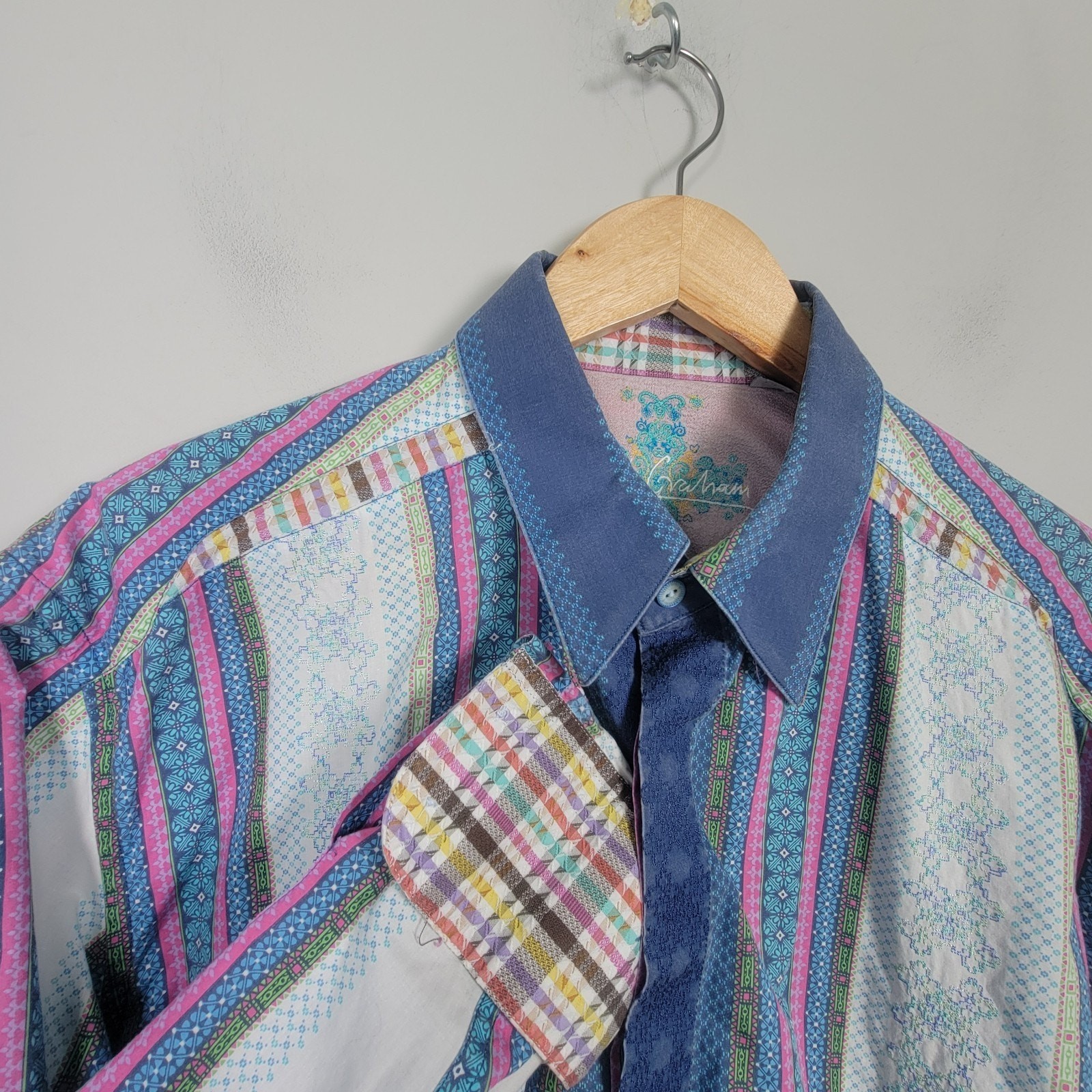 Robert Graham Mens L Button Up Shirt Flip Cuff Striped Floral Long Sleeve