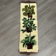 Vintage 1970  s MCM Latch Hook Rug Wood Hanging Wall Art Potted Plants