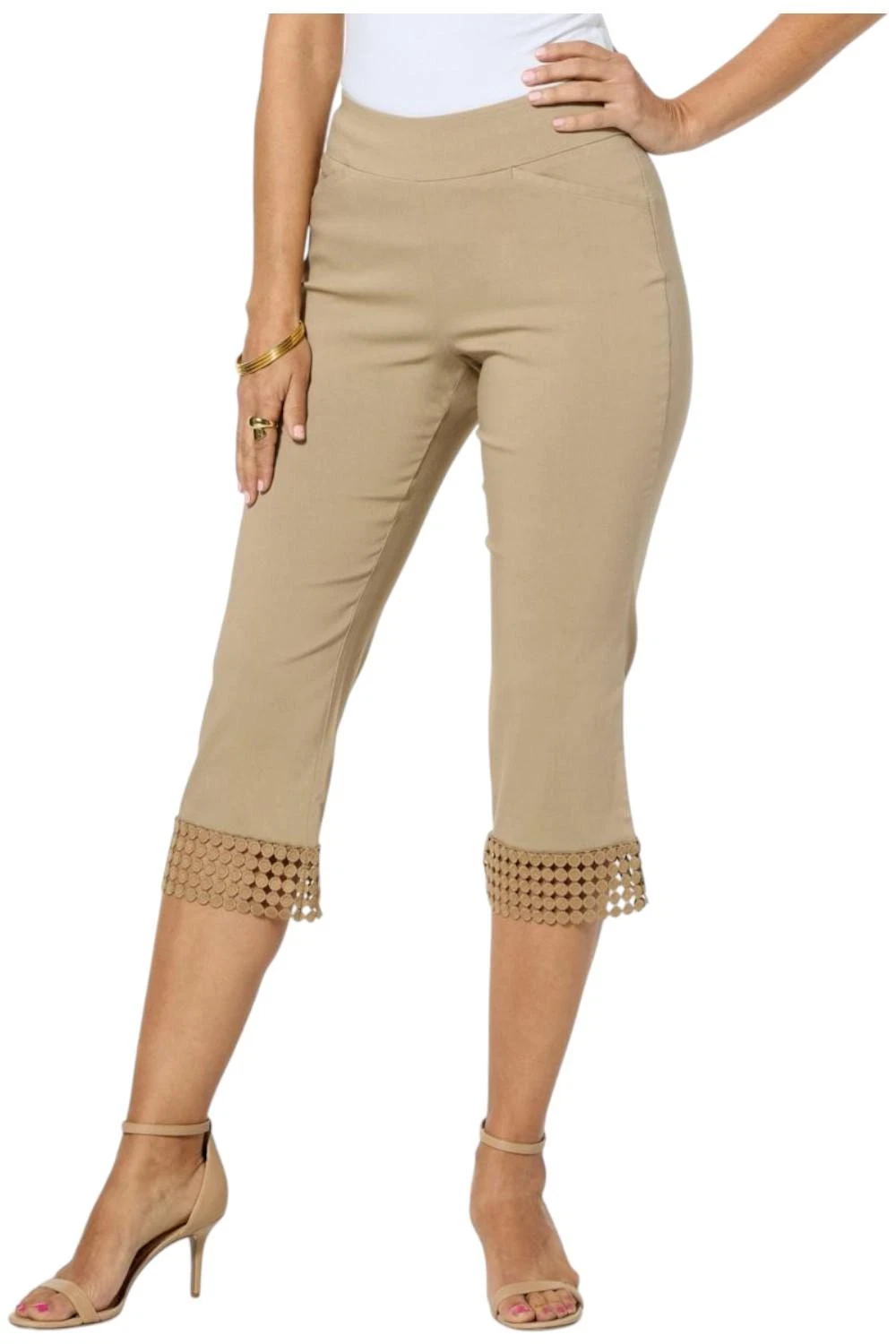 Nina Leonard Women's Millennium Lace Hem Crop Pant Taupe