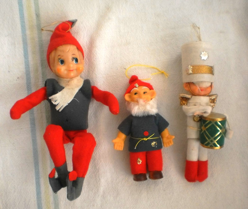 Vintage Christmas Elf Ornament Lot 3 Japan Pixie Drummer boy Felt Plastic Face