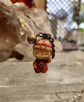 Vintage Asian Figurine 1 1/2'' Risen Handpainted With A 1 1/4'' Chain & Bell, Worn
