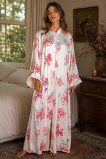 Vintage Natori Womens Robe Sz Large Ivory Pink Tropical Floral Kaftan House Coat