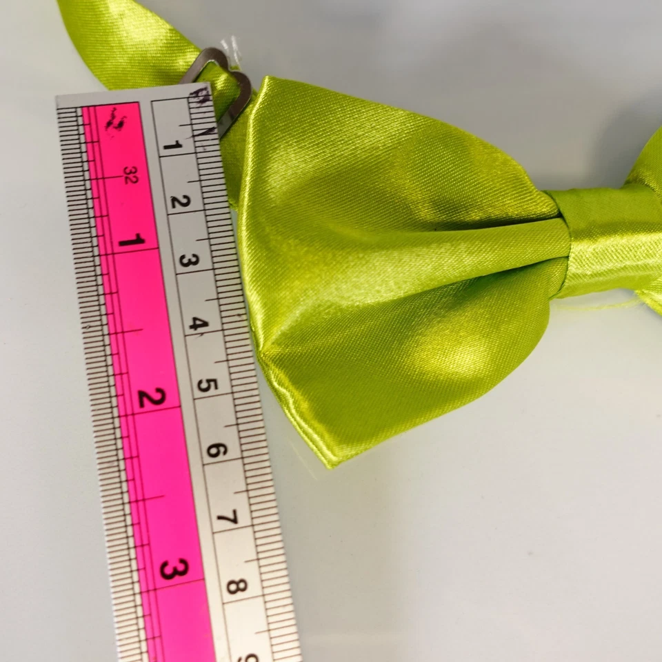 Green Solid Bow Tie Mens Lime Glossy Satin Ribbon Wedding Tuxedo Suit Pre Tied - Image 4 of 4