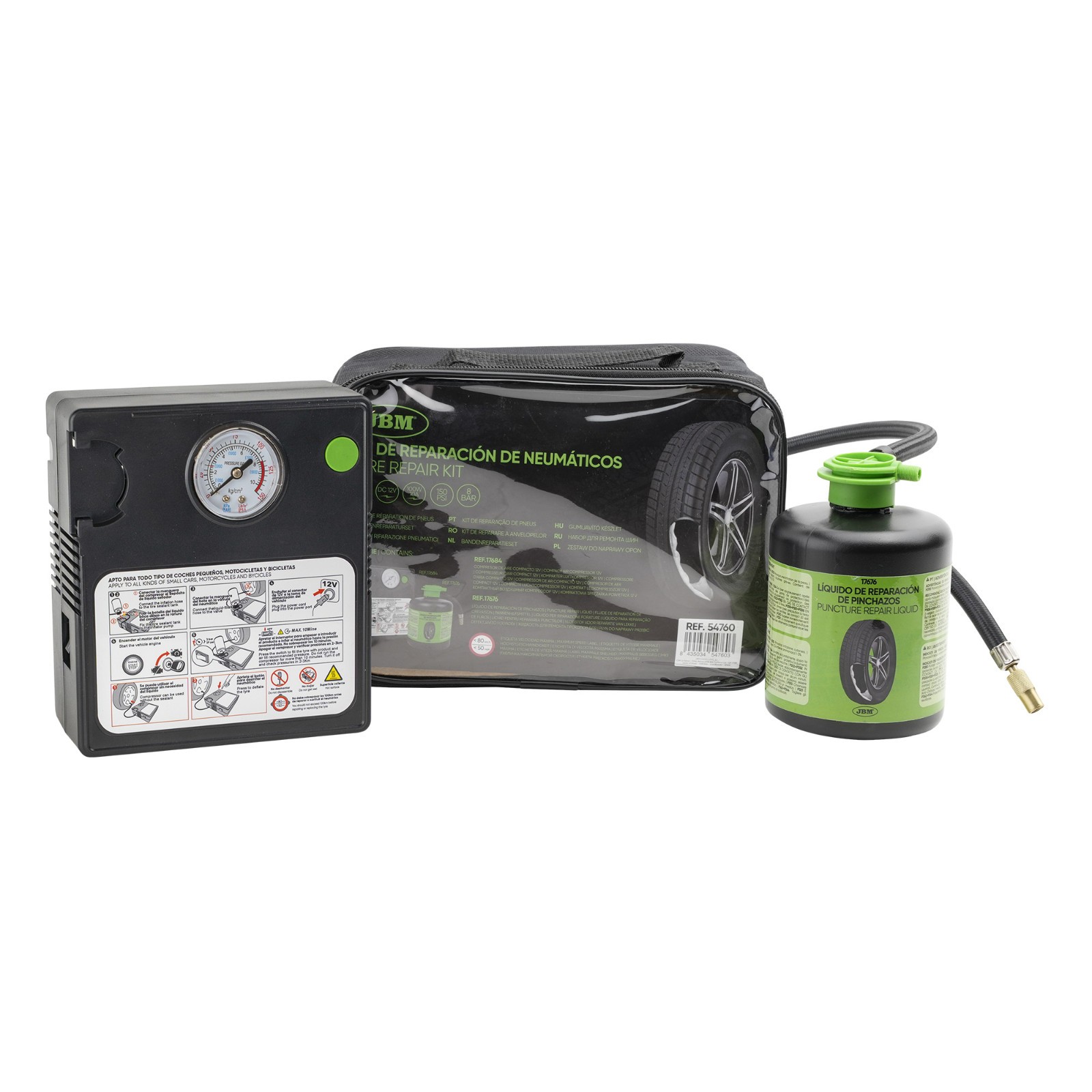 KIT DI RIPARAZIONE PNEUMATICI LIQUIDO SIGILLANTE E COMPRESSORE D'ARIA 54760 JBM foto 3