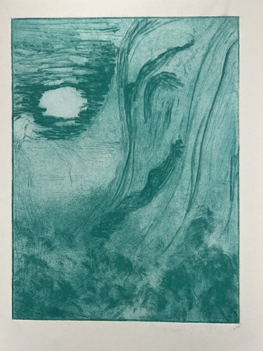 Surreal Print Of Mountain Landscape Under Moon Or Face & Shapes Blue 15x11” Art - Picture 2 of 13
