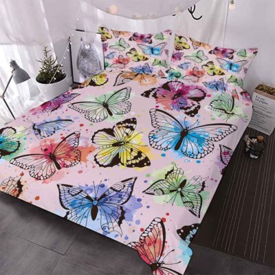 Pink Lovely Dizzy Butterfly 3D Quilt Duvet Doona Cover Set Pillow case Print