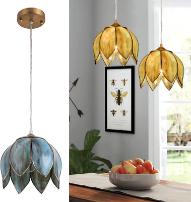 Vintage Lotus Brass Pendant Light with Blue-Green Glass for Home & Shops