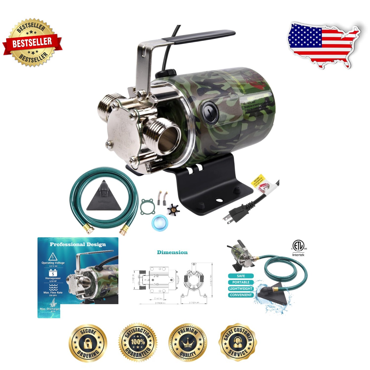 High-Performance 0.1 HP Water Pump with 6 ft. Hose - Ideal for Pools & Ponds