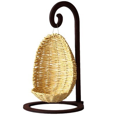 Miniature wicker hanging chair with wood stand 1:6 scale dollhouse furniture. Eg