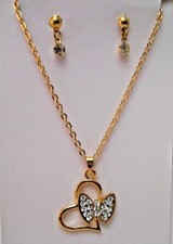 18" Rhinestone Butterfly  Heart Pendant Necklace Cubic Zirconia Earrings Set