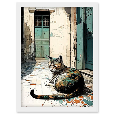 Cat Sunbathing on Cobblestone Street Modern Framed Wall Art Picture Print A4