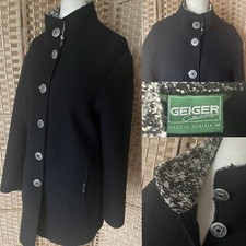 Vintage Geiger Black Boiled Wool Tyrol Coat Uk 14 L33” Austria Collar Pockets