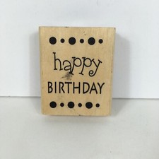Happy Birthday Rubber Stamp Polka Dot Top Bottom Borders 3" x 2.5" Wood-Mounted