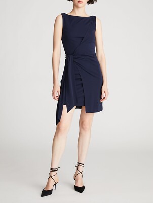 NWT $395 Halston Kaylin Tie Waist Dress in Matte Jersey Navy 6