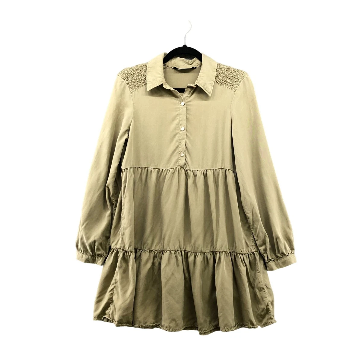 Zara Lyocell Tiered Shirt Dress Olive Green Long Sleeve Size XS Smocked Shoulder