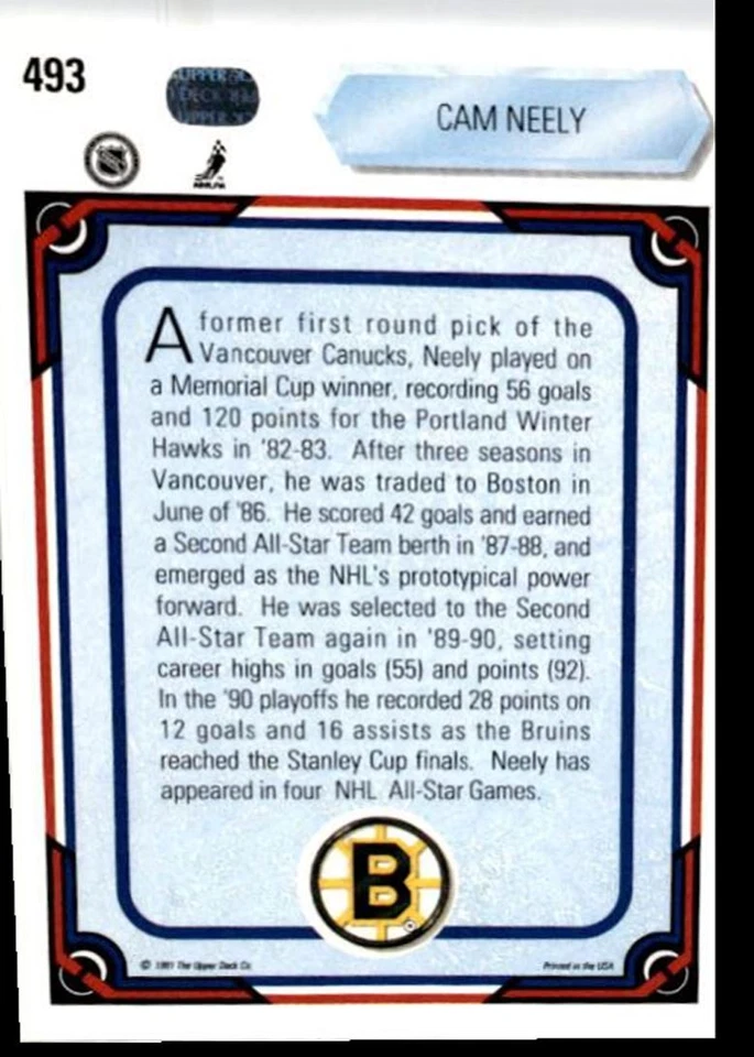 1990-91 Upper Deck Cam Neely Boston Bruins #493 - Image 2 of 2