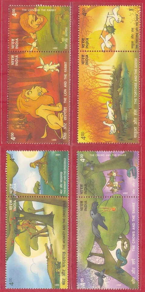 India 2001 Panchatantra Stories Children's fables Cartoons animals se-tenant 8v - Image 2 of 2