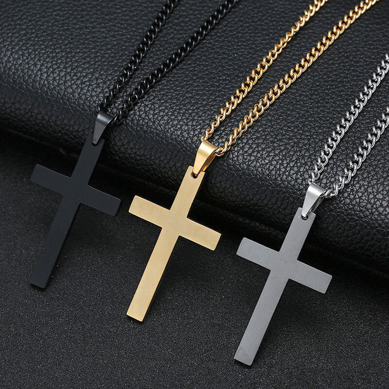 Cross Pendant Necklace Stainless Steel Plated Silver Gold Men Women Cuban Chain