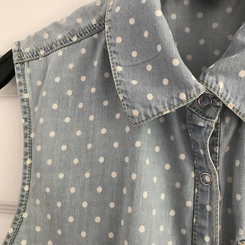FOREVER 21 BLUE COTTON POLKA DOT PATTERN TIE WAIST BLOUSE SIZE L - Picture 3 of 7
