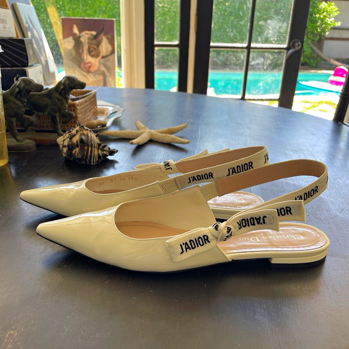 J’adior Christian Dior ivory Patent Leather Slingback Pointed Toe Flats EU 39.5