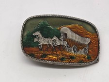 vintage ENAMELED BRASS BELT BUCKLE COVERED WAGON w/ HORSES 567